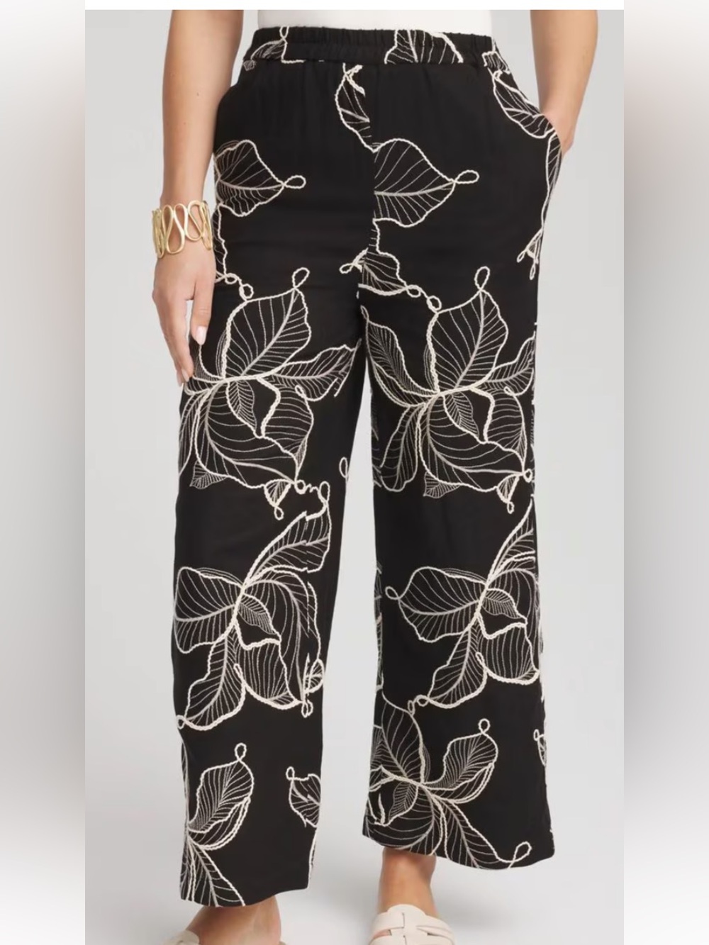 Chico's Black Crop Pull on wide leg with Embroidered Leaf Detail.